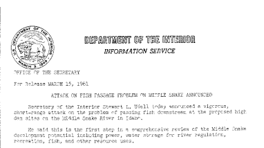Attack on Fish Passage Problem on Middle Snake Announced--March 15, 1961