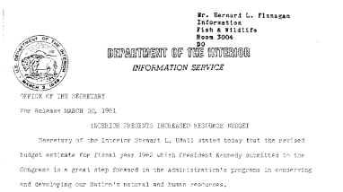 Interior Presents Increased Resource Budget--March 20, 1961