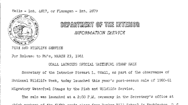 Udall Launches Special Waterfowl Stamp Sale--March 23, 1961