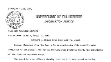Interior's Sponge Film Wins American Award--April 14, 1961