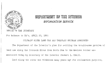 Colorado River Land Use and Trespass Program Announced--April 20, 1961