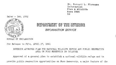 Interior Approves Plan for National Wildlife Refuge and Public Recreation Area on Foss Reservoir in Oklahoma--April27, 1961