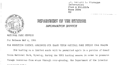 Elk Reduction Control Announced for Grand Teton National Park During 1961 Season--May 4, 1961