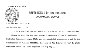 Boston Man Named Special Assistant to Fish and Wildlife Commissioner--May 11, 1961