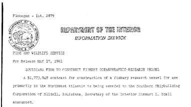 Louisiana Firm to Construct Fishery Oceanographic-Research Vessel--May 17, 1961