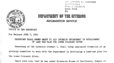 Secretary Udall Names Groupto Aid Interior Department in Development of Land Use Plan for Lower Colorado River--June 7, 1961