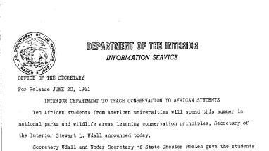 Interior Department to Teach Conservation to African Students--June 20, 1961