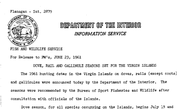 Dove, Rail, and Gallinule Seasons Are Set for the Virgin Islands--June 23, 1961