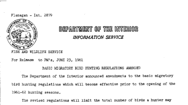 Basic Migratory Bird Hunting Regulations Amended--June 23, 1961