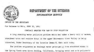 Contract Awarded for Dam to Stop Pollution--June 30, 1961