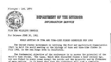 World Meeting on Tuna and Tnua-Like Fishes Scheduled for 1962--June 30, 19611961