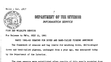 Basic 1961-62 Seasons for Doves and Band-Tailed Pigeons Announced--July 11, 1961