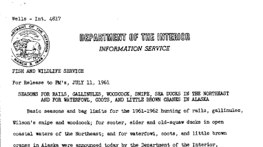 Seasons for Rails, Gallinules, Woodcock, Snipe, Sea Ducks in the Norhteast and for Waterfowl, Coots and Little Brown Cranes in Alaska--July 11,1961