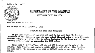 Surplus Big Game Sale Announced--August 4, 1961