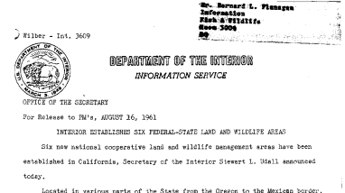 Interior Establishes Six Federal-State Land and Wildlife Areas--August 16, 1961