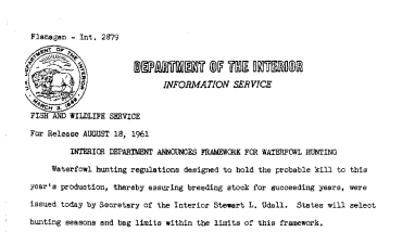 Interior Department Announces Framework for Waterfowl Hunting--August 18, 1961