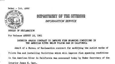 Interior Awards Contract to Improve Fish Spawning Conditions in the American River Below Folsam Dam in California--August 18, 1961