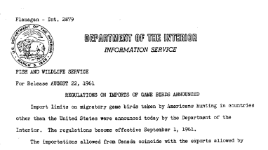 Regulations on Imports of Game Birds Announced--August 22, 1961