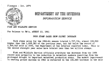 Duck Stamp Sales Show Slight Increase--August 23, 1961