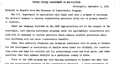 Wildlife to Benefit From New Features of Conservation Program--September 1, 1961