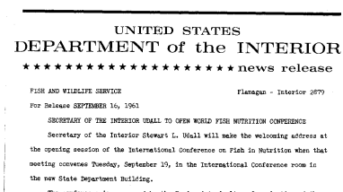 Secretary of the Interior Udall to Open World Fish Nutrition Conference--September 16, 1961