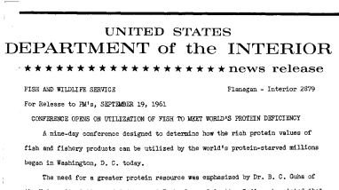 Conference Opens on Utilization of Fish to Meet World's Protein Deficiency--September 19, 1961