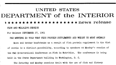 Fao Meeting Is Told That Fish Protein Supplements Add Weight to Meat Animals--September 27, 1961