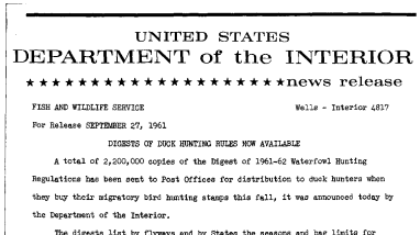 Digests of Duck Hunting Rules Now Available--September 27, 1961