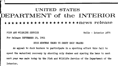Duck Hunters Urged to Shoot Only Drakes--September 29, 1961
