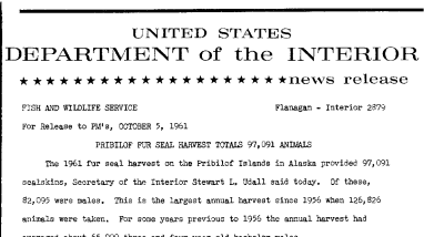 Pribilof Fur Seal Harvest Totals 97,091 Animals--October 5, 1961