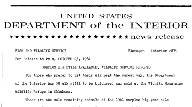 Surplus Elk Still Available, Wildlife Service Reports--October 19, 1961