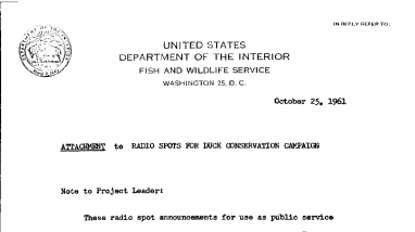 Radio Spots for for Duk Conservation Campaign--October 25, 1961
