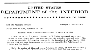 Licensed Sport Fishermen Totaled Over 19 Million in 1960--November 10, 1961