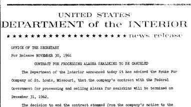 Contract for Processing Alaska Sealskins to Be Canceled--November 30, 1961