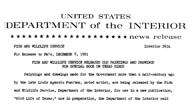 Fish and Wildlife Service Releases Old Paintings and Drawings for Special Book on Texas Birds--December7, 1961