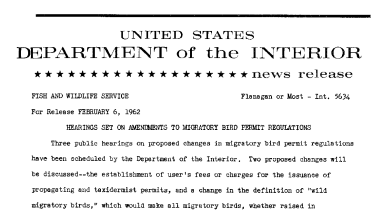 Hearings Set on Amendments to Migratory Bird Permit Regulations--February 6, 1962