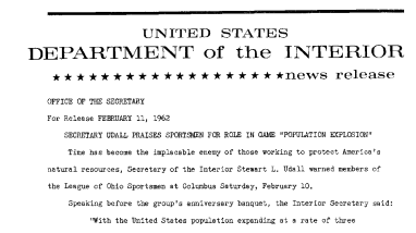 Secretary Udall Praises Sportsmen for Role in Game "Populatin Explosion "--February 11, 1962