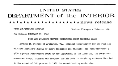 Fish and Wildlife Service Undercover Agent Receives Award--February 15, 1962