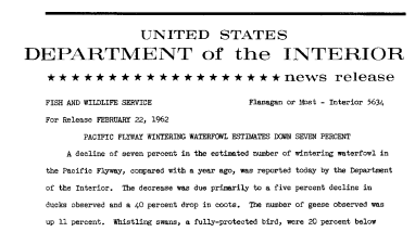 Pacific Flyway Wintering Waterfowl Estimates Down Seven Percent--February 22, 1962