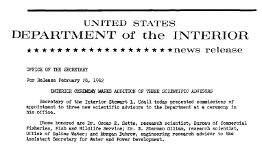Interior Ceremony Marks Addition of Three Scientific Advisors--February 26, 1962