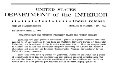 Selections Made for Seventeen Fellowship Grants for Fishery Research--March 4, 1962
