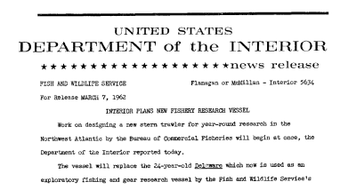 Interior Plans New Fishery Research Vessel--March 7, 1962
