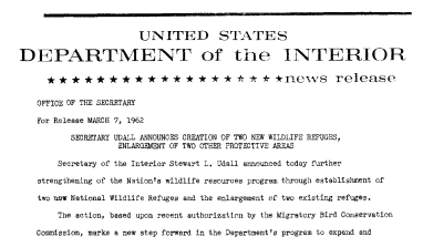 Secretary Udall Announces Creation of Two New Wildlife Refuges, Enlargement of Two Other Protective Areas--March7, 1962