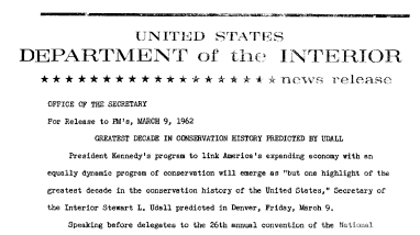 Greatest Decade in Conservation History Predicted by Udall--March 9, 1962