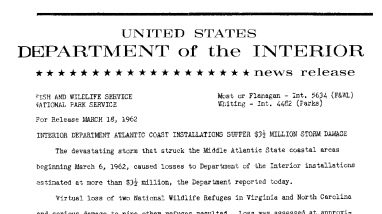Interior Department Atlantic Coast Installations Suffer $3 1/2 Million Storm Damage--March 18, 1962