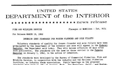 Interior Sets Standards for Frozen Flounder and Sole Fillets--March 19, 1962
