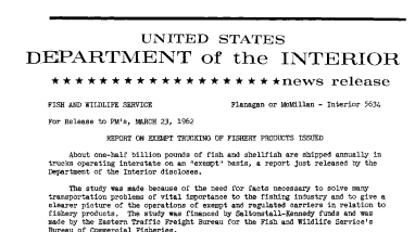Report on Exempt Trucking of Fishery Products Issued--March 23, 1962