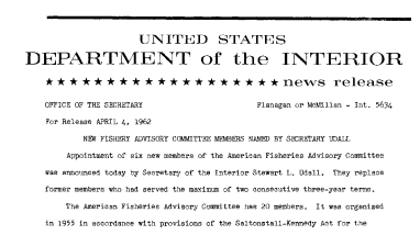 New Fishery Advisory Committee Members Named by Secretary Udall--April 4, 1962
