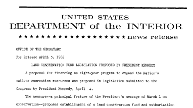 Land Conservation Fund Legislation Proposed by President Kennedy--April 5, 1962
