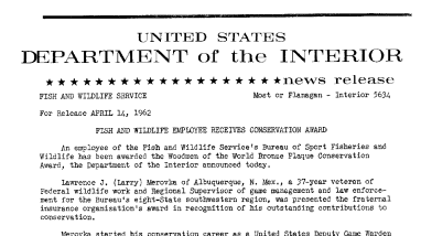 Fish and Wildlife Employee Receives Conservation Award--April 14, 1962